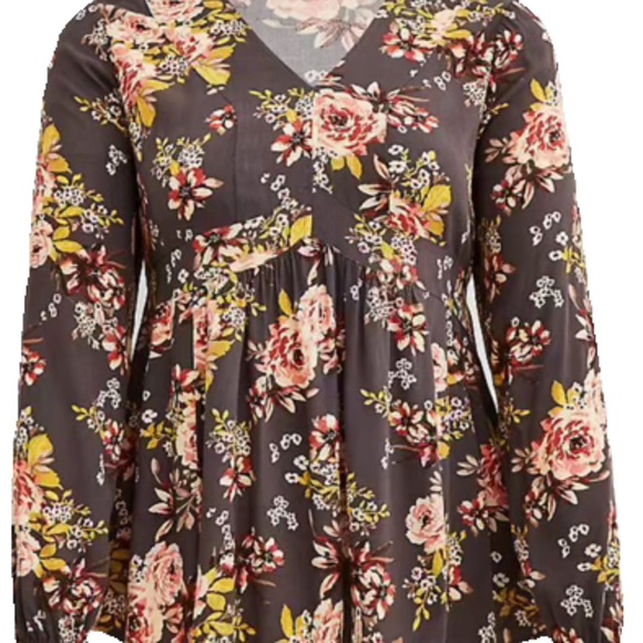 torrid Tops - torrid Brown Floral V-Neck Long Sleeve Tunic